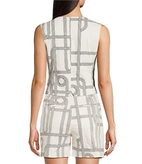 Le' AL.X Knot Print Woven V-Neck Sleeveless Button Front Coordinating Vest