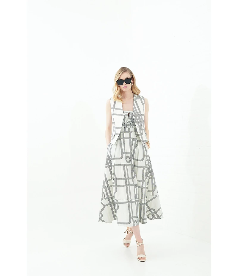 Le' AL.X Knot Print Woven V-Neck Sleeveless Button Front Coordinating Vest