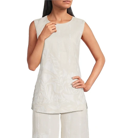 Le' AL.X Linen Embroidered Boat Neck Sleeveless Tunic Coordinating Top