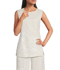 Le' AL.X Linen Embroidered Boat Neck Sleeveless Tunic Coordinating Top