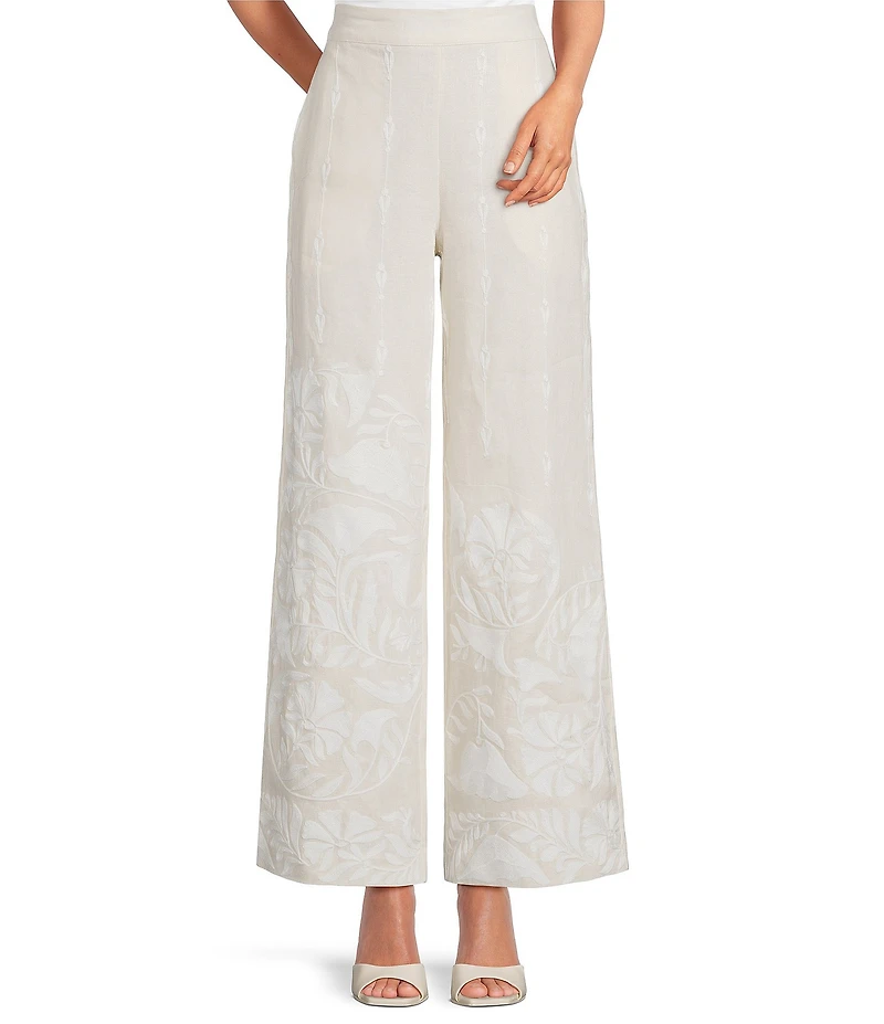 Le' AL.X Linen Embroidered Coordinating Wide Leg Pants