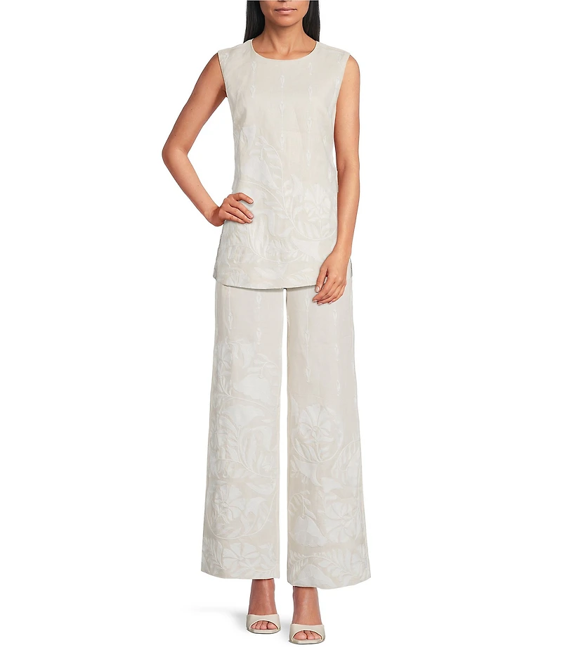 Le' AL.X Linen Embroidered Coordinating Wide Leg Pants