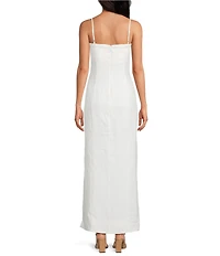 Le' AL.X Linen Embroidered Square Neck Sleeveless Spaghetti Strap Column Side Slit Maxi Dress