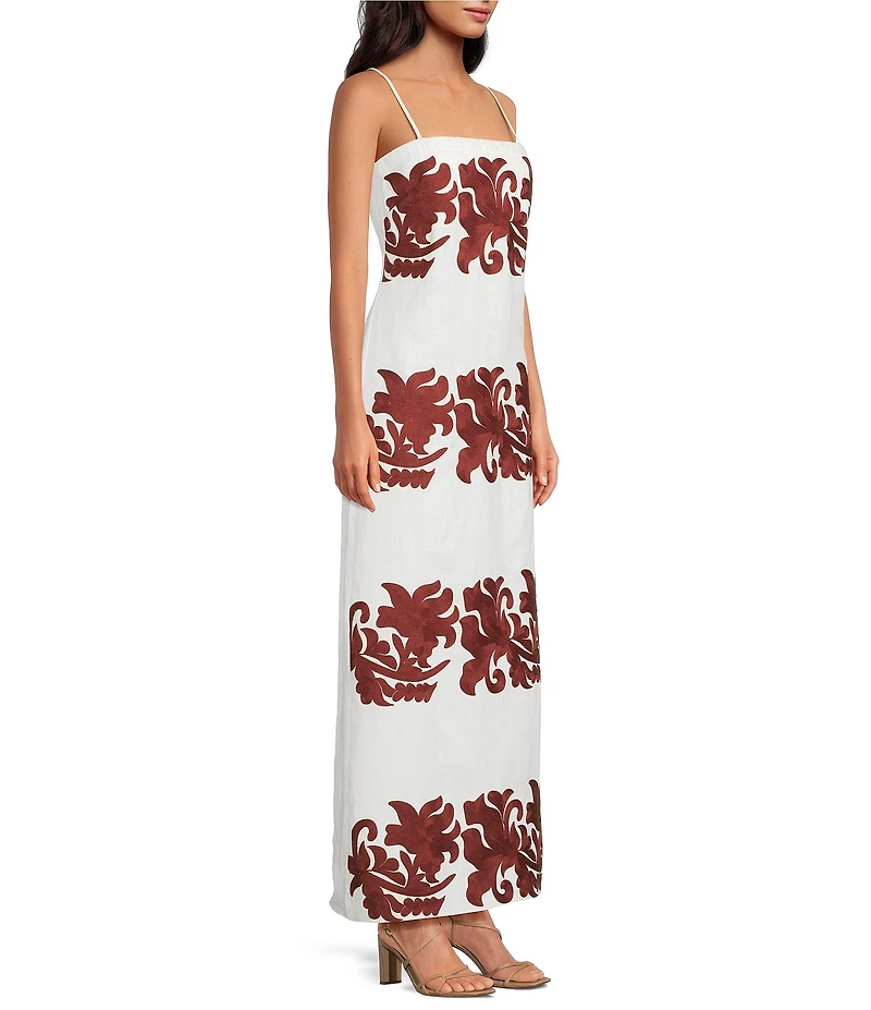 Le' AL.X Linen Embroidered Square Neck Sleeveless Spaghetti Strap Column Side Slit Maxi Dress