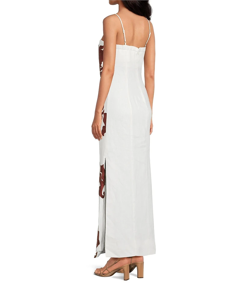 Le' AL.X Linen Embroidered Square Neck Sleeveless Spaghetti Strap Column Side Slit Maxi Dress