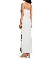 Le' AL.X Linen Embroidered Square Neck Sleeveless Spaghetti Strap Column Side Slit Maxi Dress