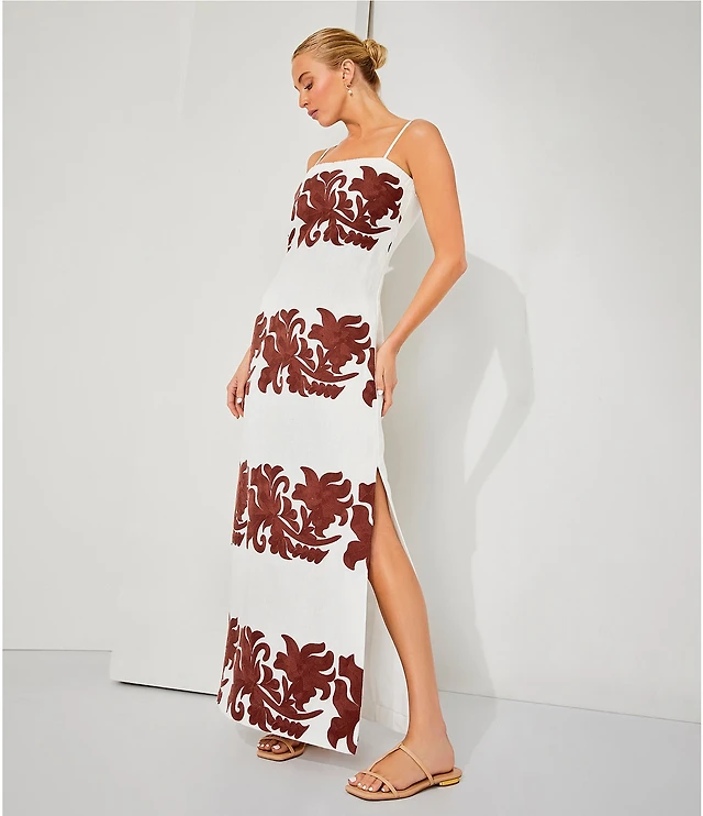 Le' AL.X Linen Embroidered Square Neck Sleeveless Spaghetti Strap Column  Side Slit Maxi Dress at Hamilton Place in Chattanooga, TN