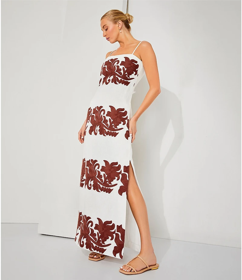 Le' AL.X Linen Embroidered Square Neck Sleeveless Spaghetti Strap Column Side Slit Maxi Dress