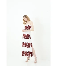 Le' AL.X Linen Embroidered Square Neck Sleeveless Spaghetti Strap Column Side Slit Maxi Dress