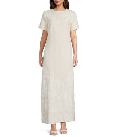 Le' AL.X Linen Floral Embroidered Crew Neck Short Sleeve Maxi Dress