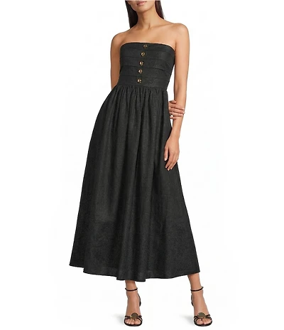 Le' AL.X Linen Pleated Strapless Button Front Empire Waist Midi Dress