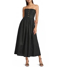 Le' AL.X Linen Pleated Strapless Button Front Empire Waist Midi Dress