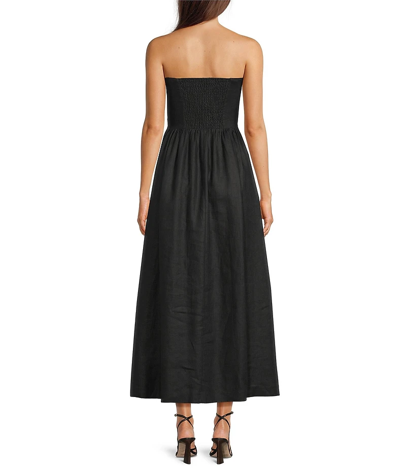 Le' AL.X Linen Pleated Strapless Button Front Empire Waist Midi Dress