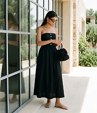 Le' AL.X Linen Pleated Strapless Button Front Empire Waist Midi Dress