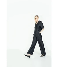 Le' AL.X Logo Print Satin High Waisted Pleated Front Wide Leg Coordinating Pants