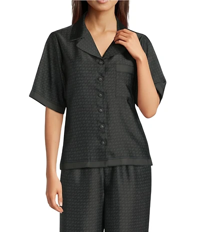 Le' AL.X Logo Print Satin Notch Lapel Short Sleeve Cropped Coordinating Camp Shirt