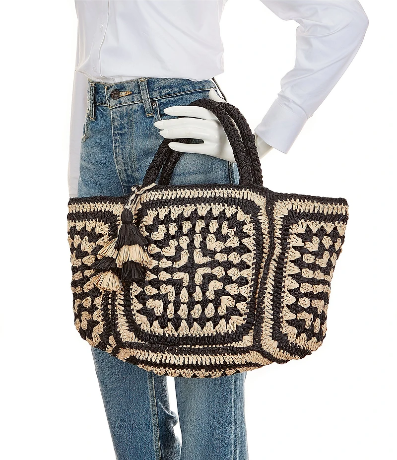 Le' AL.X Natural Paper Raffia Tiered Tassel Tote Bag