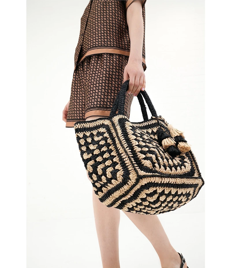 Le' AL.X Natural Paper Raffia Tiered Tassel Tote Bag