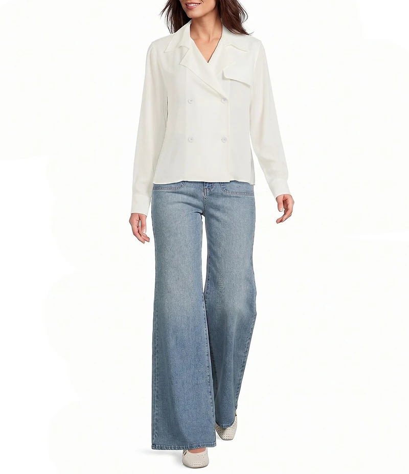 Le' AL.X Notch Collar Long Sleeve Double Breasted Woven Blouse