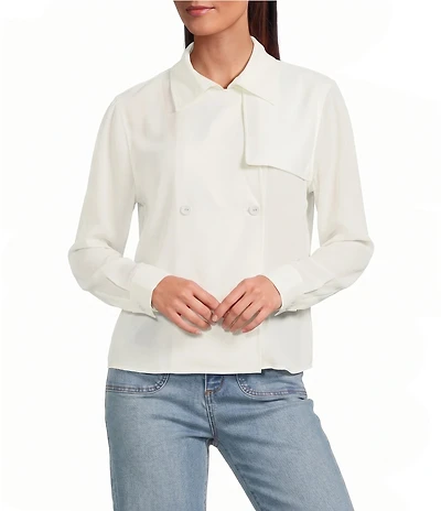 Le' AL.X Notch Collar Long Sleeve Double Breasted Woven Blouse