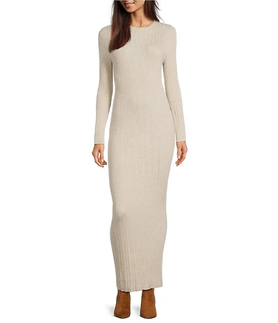 Le' AL.X Ribbed Knit Scoop Neck Long Sleeve Bodycon Flounce Maxi Dress