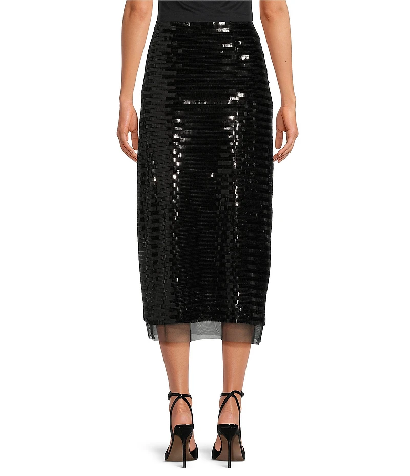 Le' AL.X Sequin Knit High Rise Sheath Slip Midi Sheer Hem Coordinating Skirt