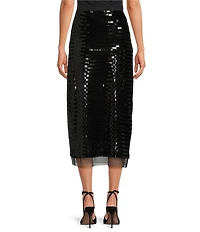 Le' AL.X Sequin Knit High Rise Sheath Slip Midi Sheer Hem Coordinating Skirt