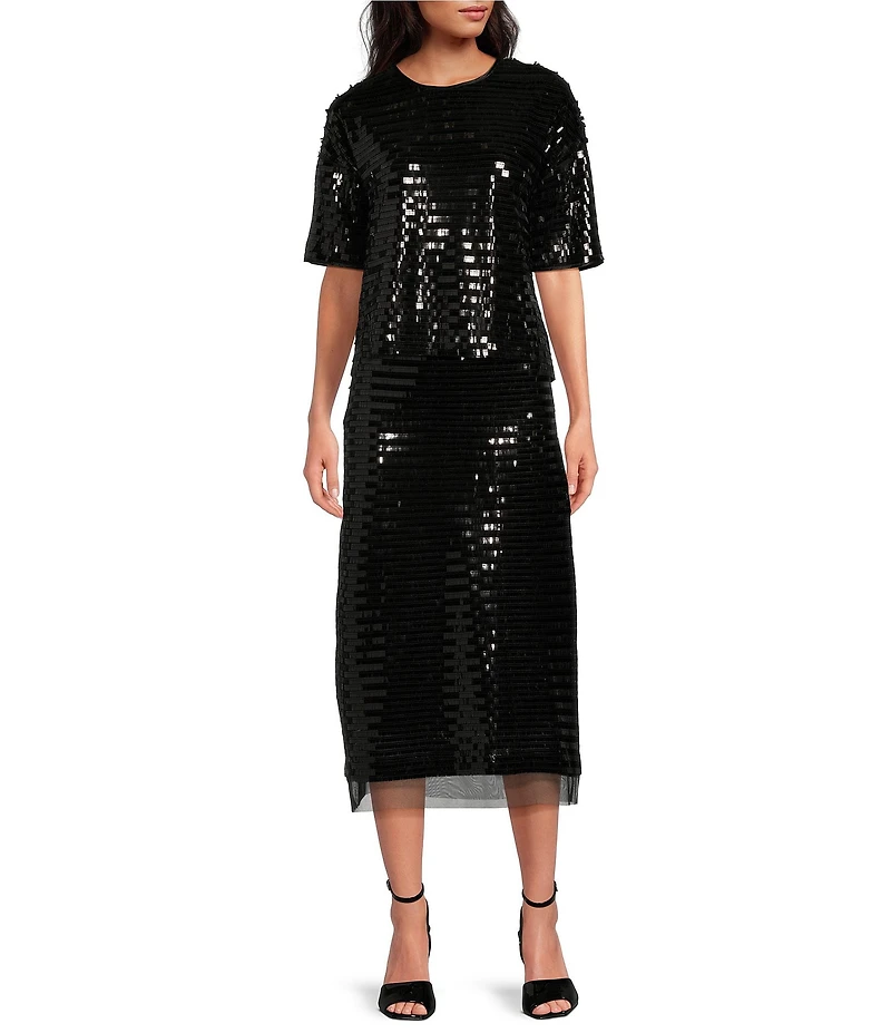Le' AL.X Sequin Knit High Rise Sheath Slip Midi Sheer Hem Coordinating Skirt