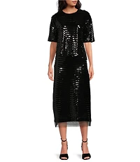 Le' AL.X Sequin Knit High Rise Sheath Slip Midi Sheer Hem Coordinating Skirt
