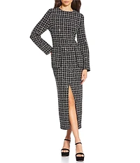 Le' AL.X Sequin Wool Blend Plaid Tweed Crew Neck Long Sleeve Front Split Hem Maxi Pencil Suit Dress