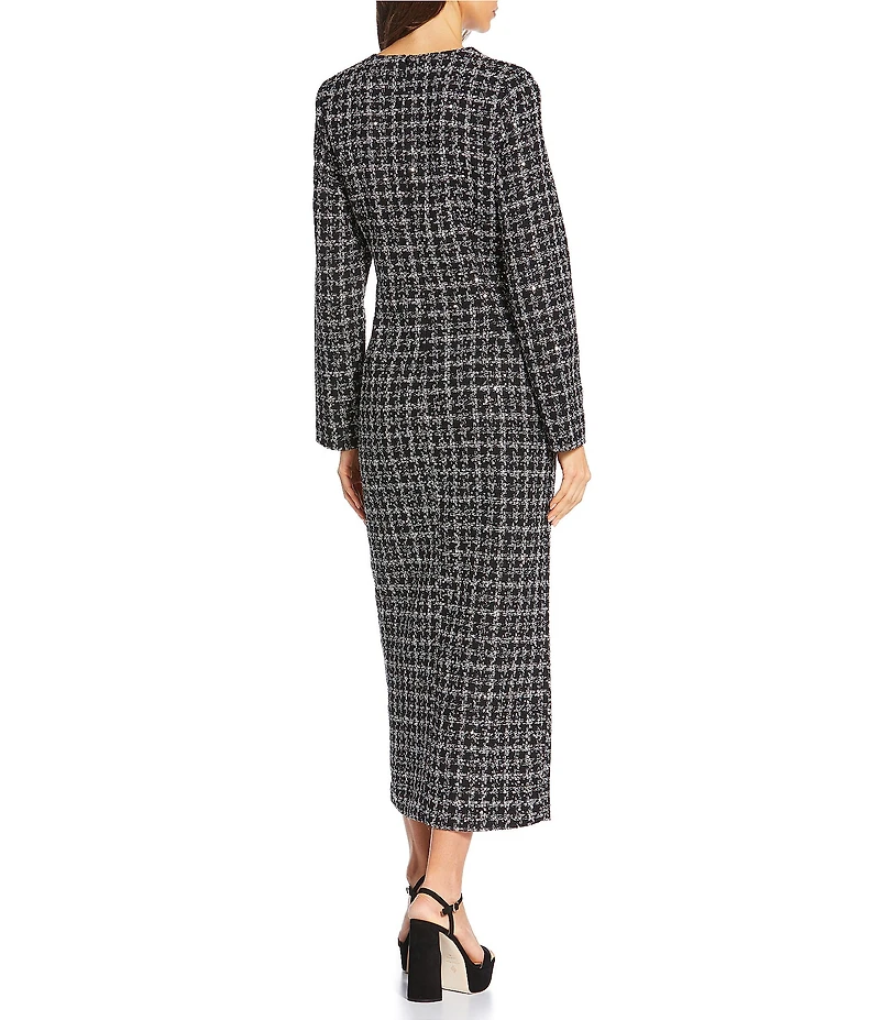 Le' AL.X Sequin Wool Blend Plaid Tweed Crew Neck Long Sleeve Front Split Hem Maxi Pencil Suit Dress
