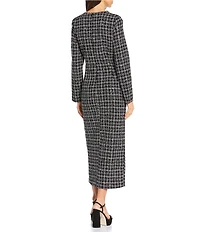 Le' AL.X Sequin Wool Blend Plaid Tweed Crew Neck Long Sleeve Front Split Hem Maxi Pencil Suit Dress