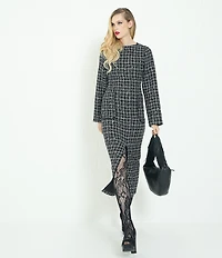 Le' AL.X Sequin Wool Blend Plaid Tweed Crew Neck Long Sleeve Front Split Hem Maxi Pencil Suit Dress