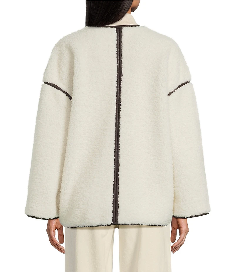 Le' AL.X Shearling Contrast Trim Crew Neck Long Sleeve Button Front Mid Length Bomber Jacket