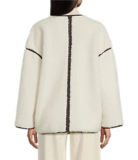 Le' AL.X Shearling Contrast Trim Crew Neck Long Sleeve Button Front Mid Length Bomber Jacket