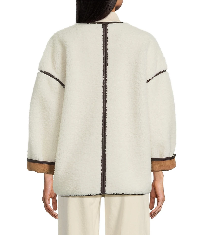 Le' AL.X Shearling Contrast Trim Crew Neck Long Sleeve Button Front Mid Length Bomber Jacket