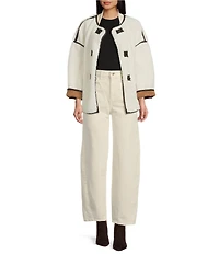 Le' AL.X Shearling Contrast Trim Crew Neck Long Sleeve Button Front Mid Length Bomber Jacket