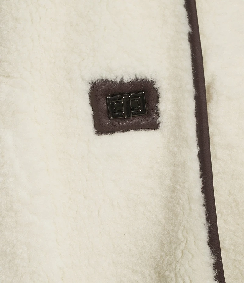 Le' AL.X Shearling Contrast Trim Crew Neck Long Sleeve Button Front Mid Length Bomber Jacket