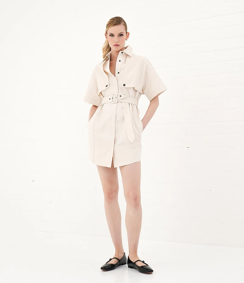 Le' AL.X Short Sleeve Snap Collar Belted Mini Shirt Dress
