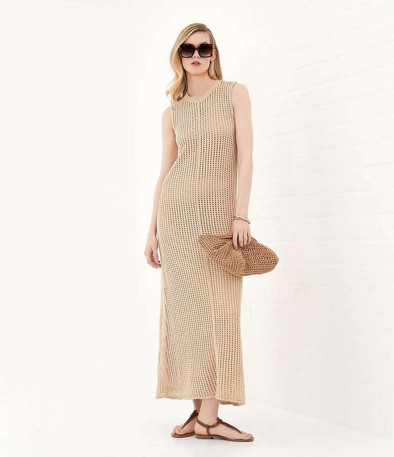Le' AL.X Knit Crochet Crew Neck Sleeveless Shift Maxi Dress