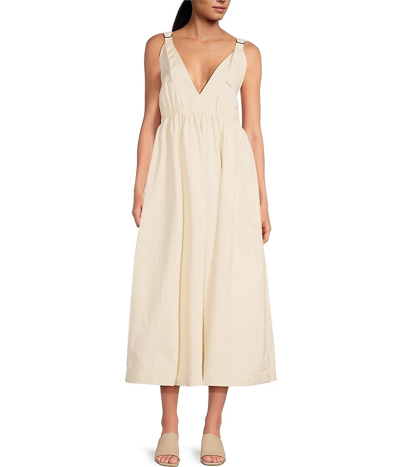 Le' AL.X Sleeveless V-Neck Side Pockets Parachute A-Line Midi Dress