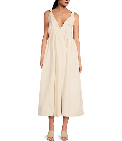Le' AL.X Sleeveless V-Neck Side Pockets Parachute A-Line Midi Dress
