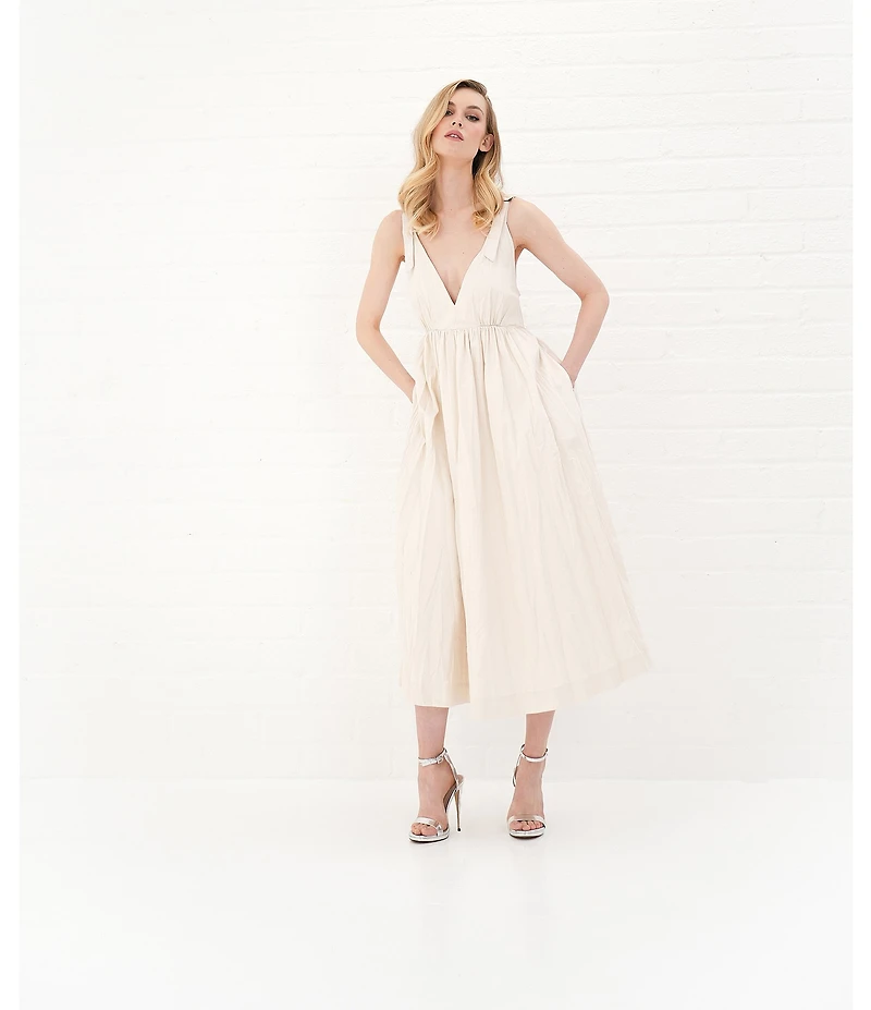 Le' AL.X Sleeveless V-Neck Side Pockets Parachute A-Line Midi Dress