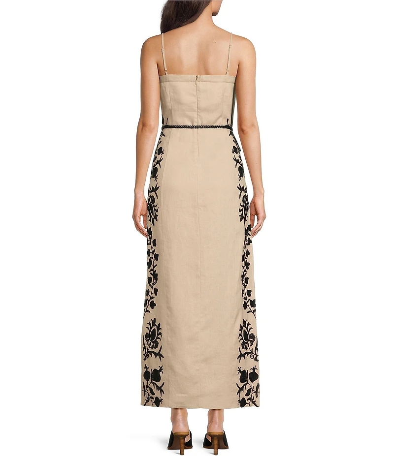 Le' AL.X Linen Embroidered Square Neck Sleeveless Spaghetti Strap Braided Belt Column Side Slit Maxi Coordinating Dress