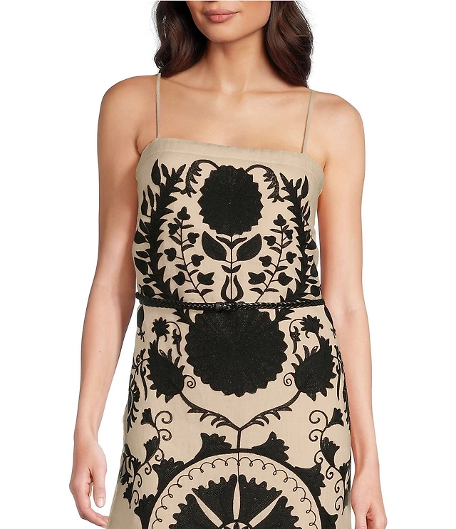 Le' AL.X Linen Embroidered Square Neck Sleeveless Spaghetti Strap Braided  Belt Column Side Slit Maxi Coordinating Dress | Brazos Mall