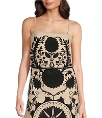 Le' AL.X Linen Embroidered Square Neck Sleeveless Spaghetti Strap Braided Belt Column Side Slit Maxi Coordinating Dress