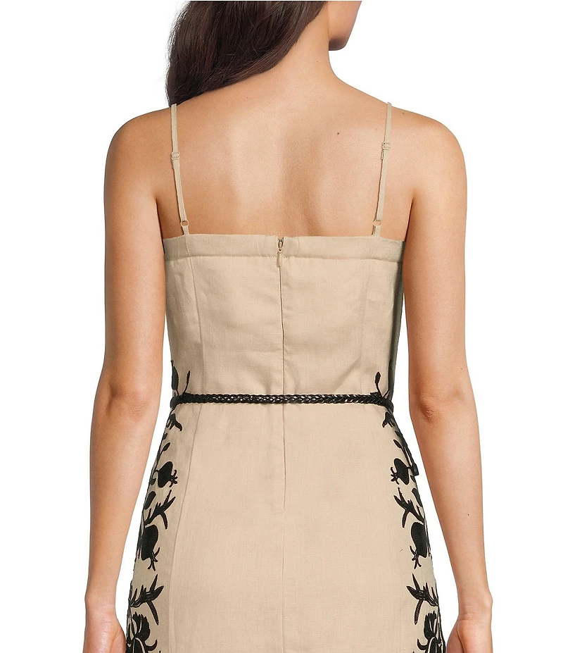 Le' AL.X Linen Embroidered Square Neck Sleeveless Spaghetti Strap Braided Belt Column Side Slit Maxi Coordinating Dress