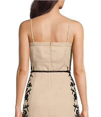 Le' AL.X Linen Embroidered Square Neck Sleeveless Spaghetti Strap Braided Belt Column Side Slit Maxi Coordinating Dress