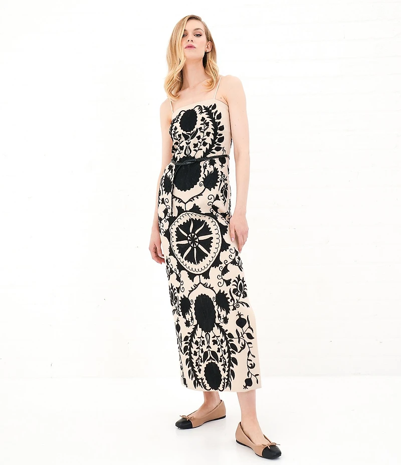 Le' AL.X Linen Embroidered Square Neck Sleeveless Spaghetti Strap Braided Belt Column Side Slit Maxi Coordinating Dress