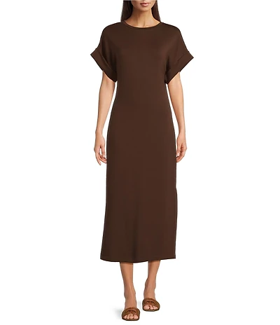 Le' AL.X Stretch Knit Crew Neck Short Cuffed Sleeve Midi T-Shirt Dress